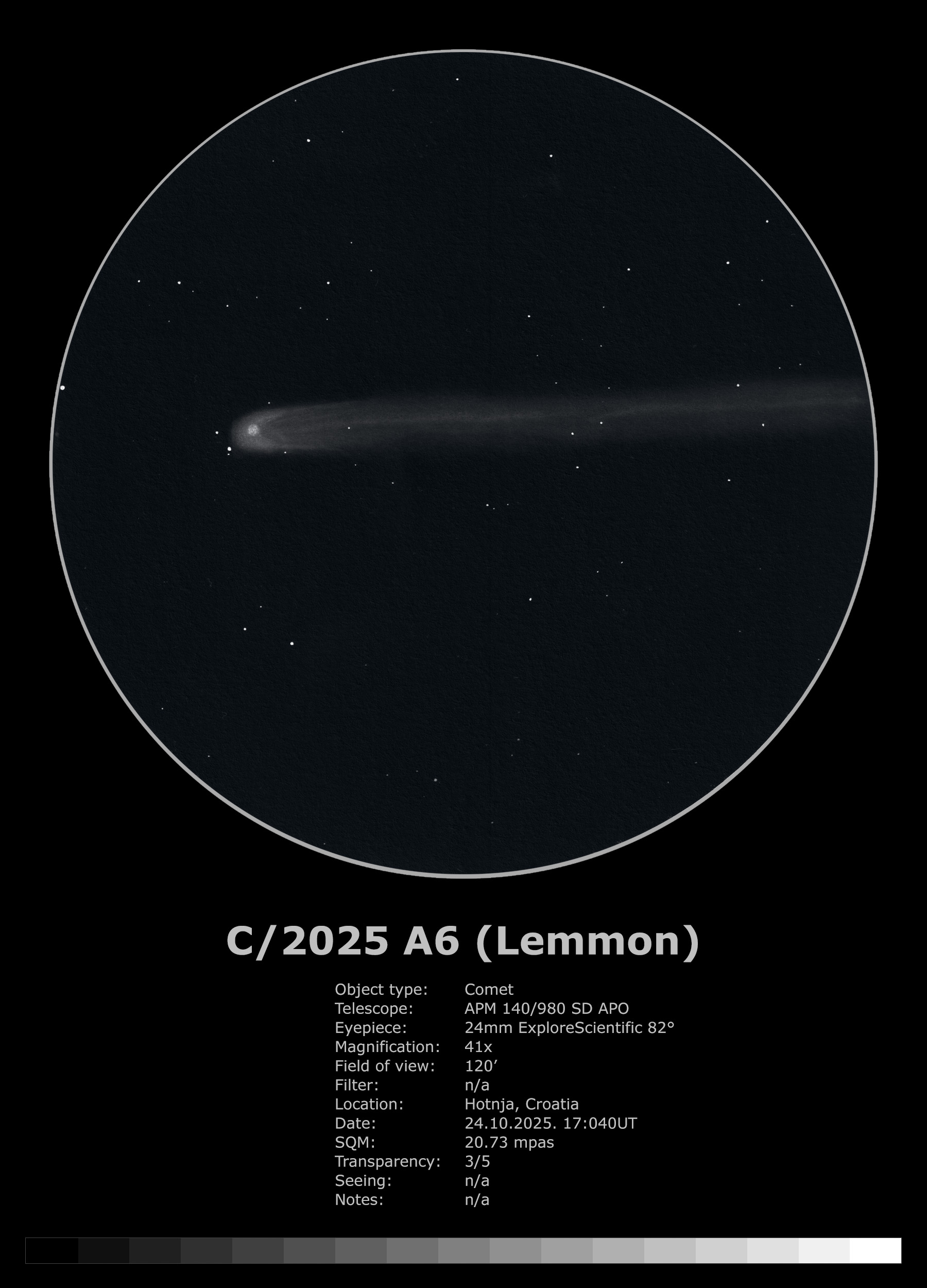 Komet C/2025 A6 (Lemmon) skicira 24.10.2025. oko 19:40 pri 41x povećanju